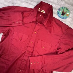 Men's Medium Western Long Tail Shirt Red Pearl Snap Button Up Long Sleeve Cowboy